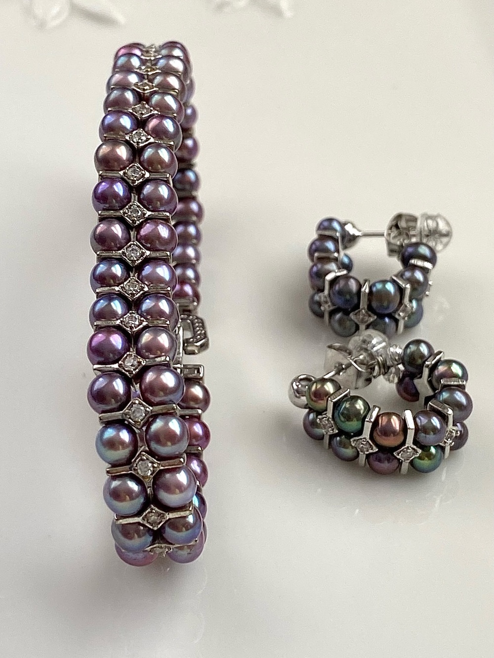 Premium Round Blueberry Double Layer Pearl Bracelet And Matching Earring